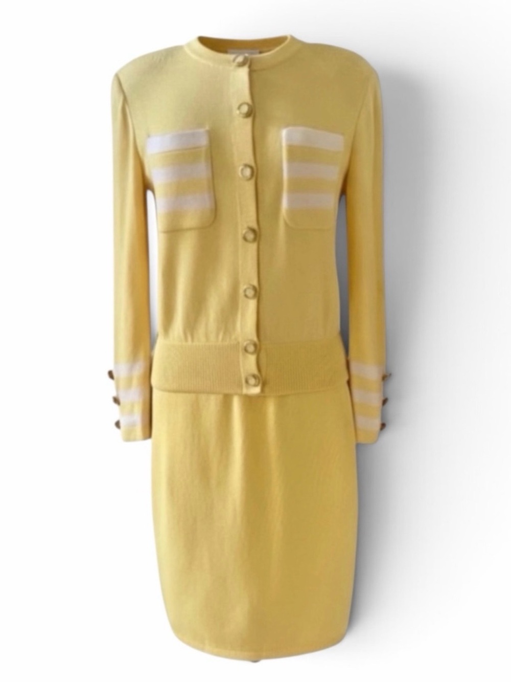 St. John Yellow with White Detail Santana Knit Skirt Suit Set Size 4